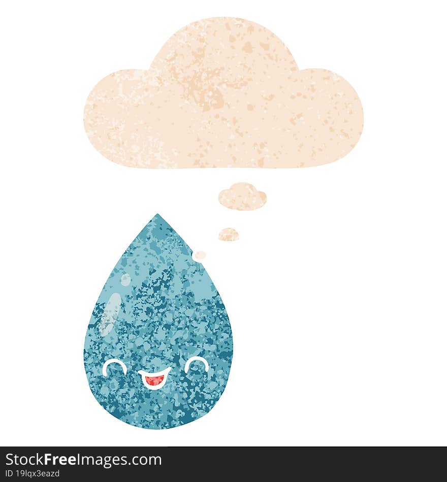 cartoon cute raindrop and thought bubble in retro textured style