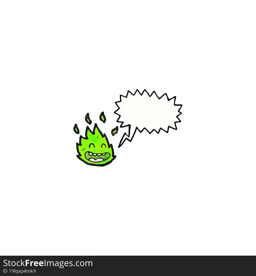 cartoon green fire creature with speech bubble