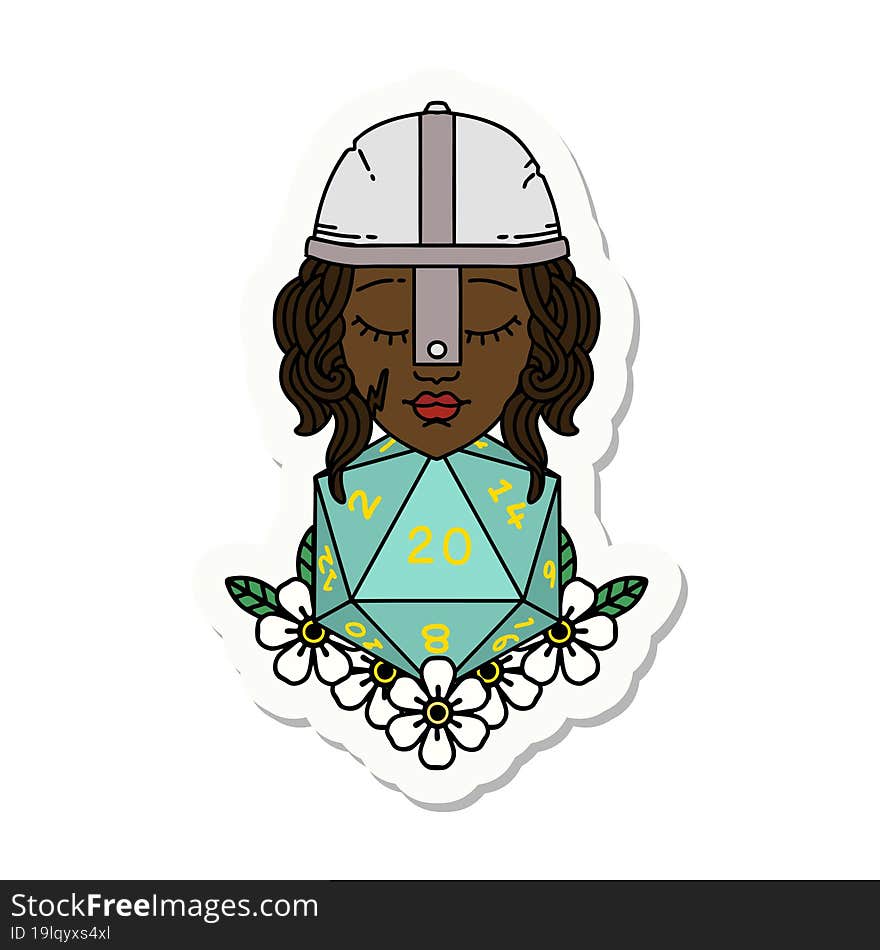 human fighter with natural 20 D20 dice roll sticker