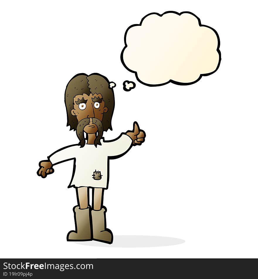 cartoon hippie man giving thumbs up symbol with thought bubble