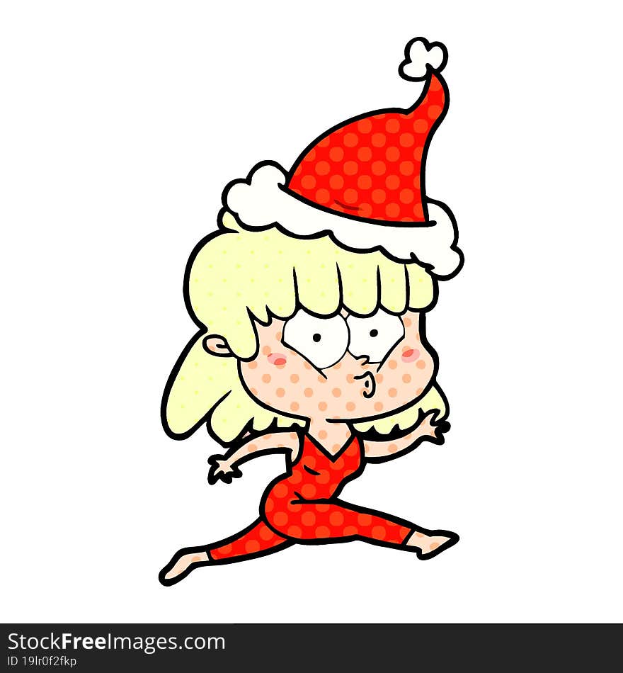 Comic Book Style Illustration Of A Woman Running Wearing Santa Hat