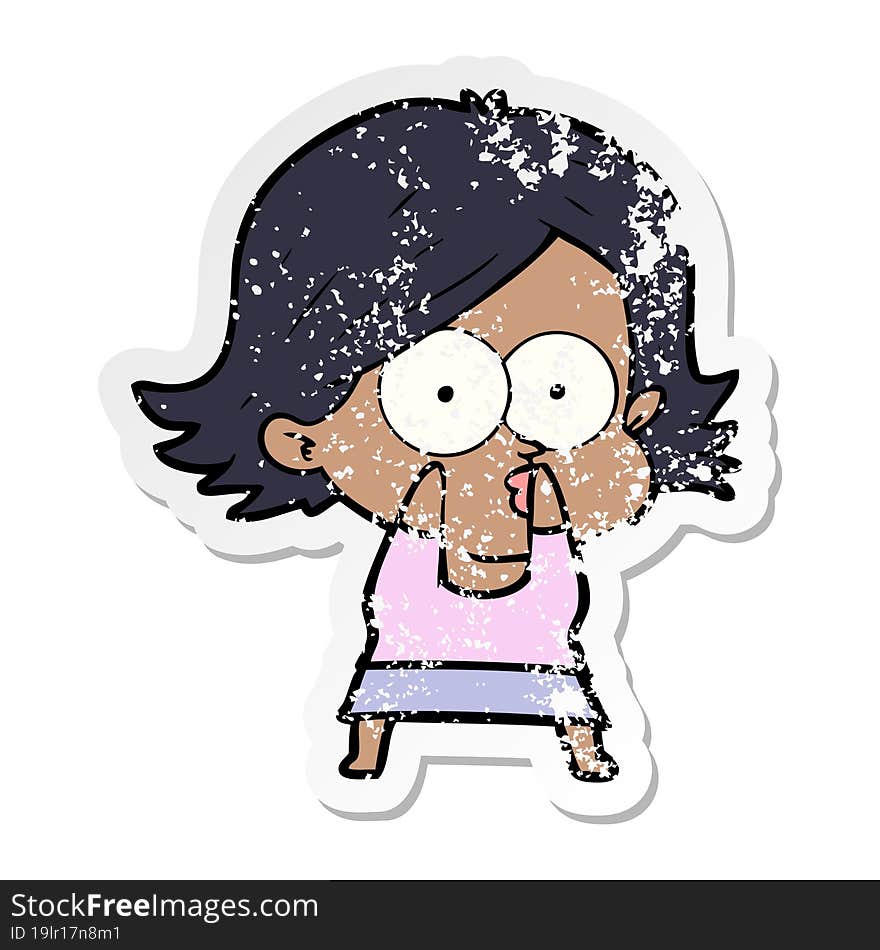 distressed sticker of a cartoon girl pouting