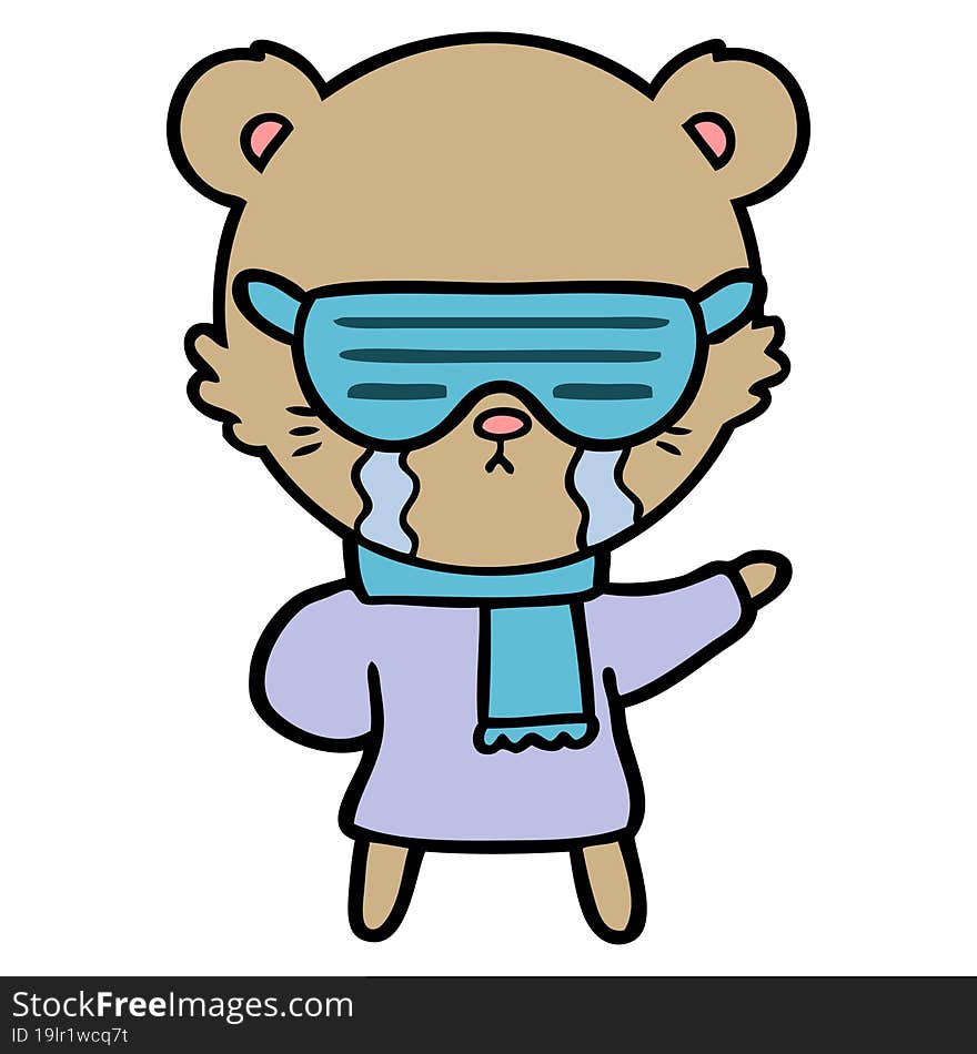 crying cartoon bear wearing rave sunglasses. crying cartoon bear wearing rave sunglasses