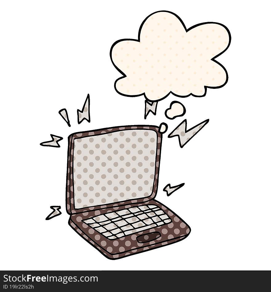 Cartoon Laptop Computer And Thought Bubble In Comic Book Style