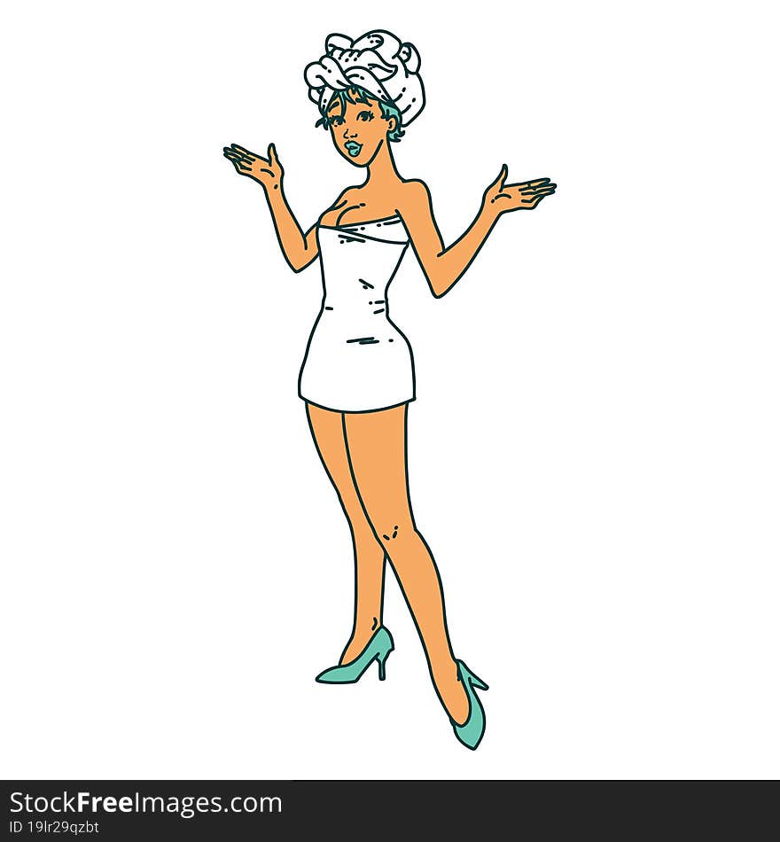 tattoo in traditional style of a pinup girl in towels. tattoo in traditional style of a pinup girl in towels