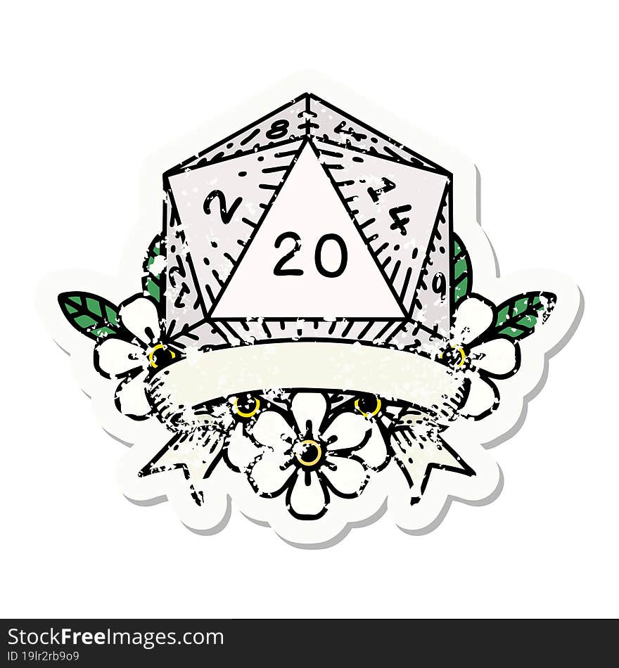 Natural 20 Critical Hit D20 Dice Roll Grunge Sticker