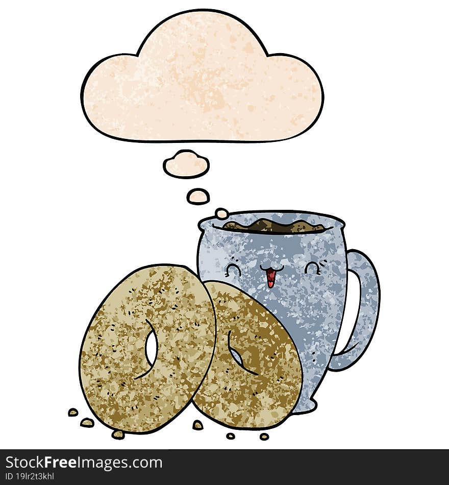 cartoon coffee and donuts with thought bubble in grunge texture style. cartoon coffee and donuts with thought bubble in grunge texture style