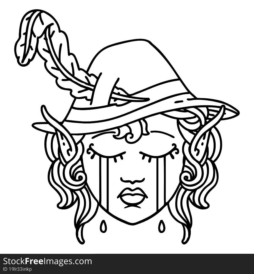 Black and White Tattoo linework Style crying elf bard character face. Black and White Tattoo linework Style crying elf bard character face