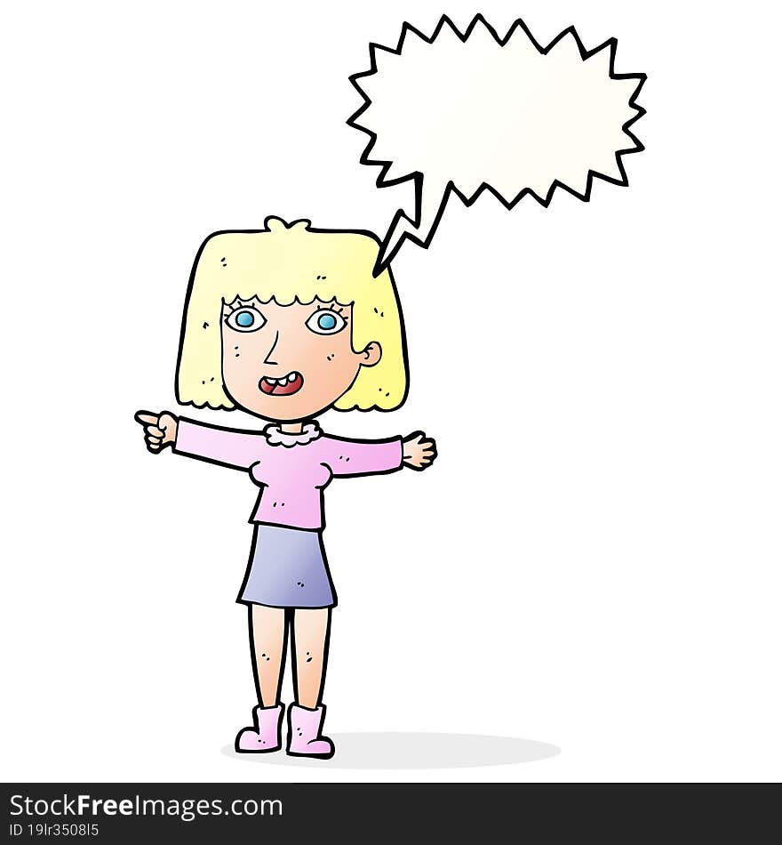 Cartoon Happy Woman Pointing With Speech Bubble