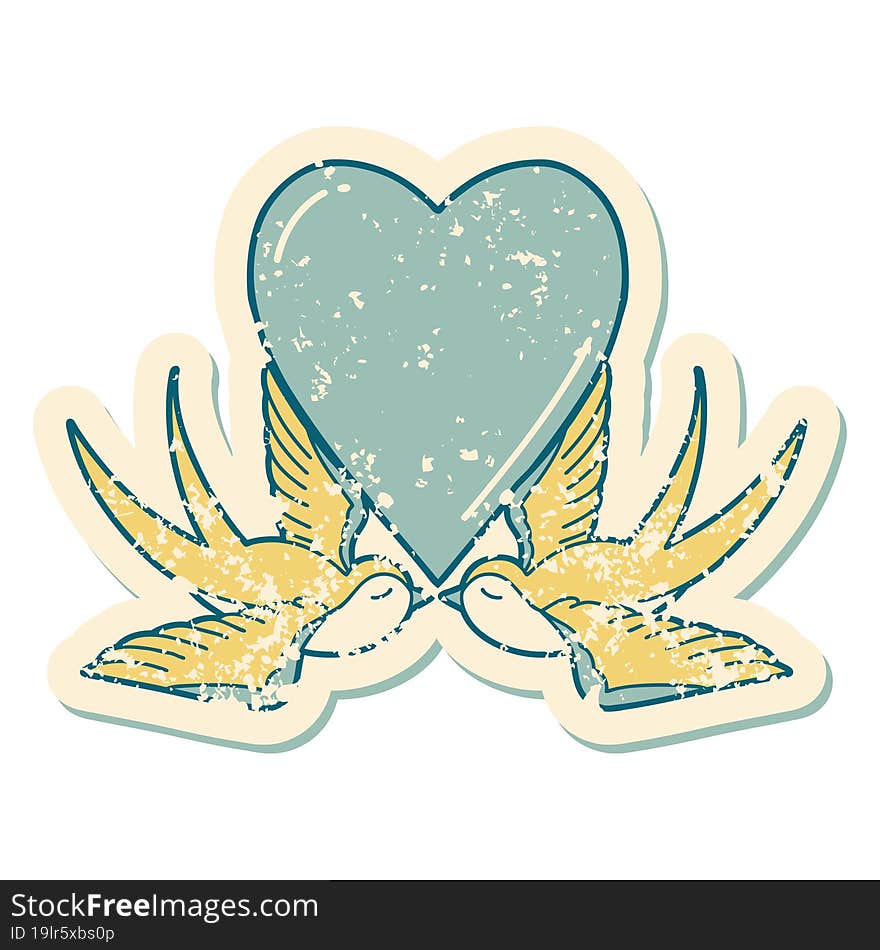 Distressed Sticker Tattoo Style Icon Of A Swallows And A Heart