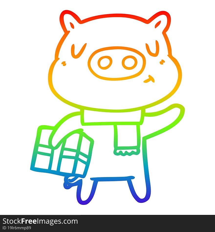 rainbow gradient line drawing of a cartoon christmas pig