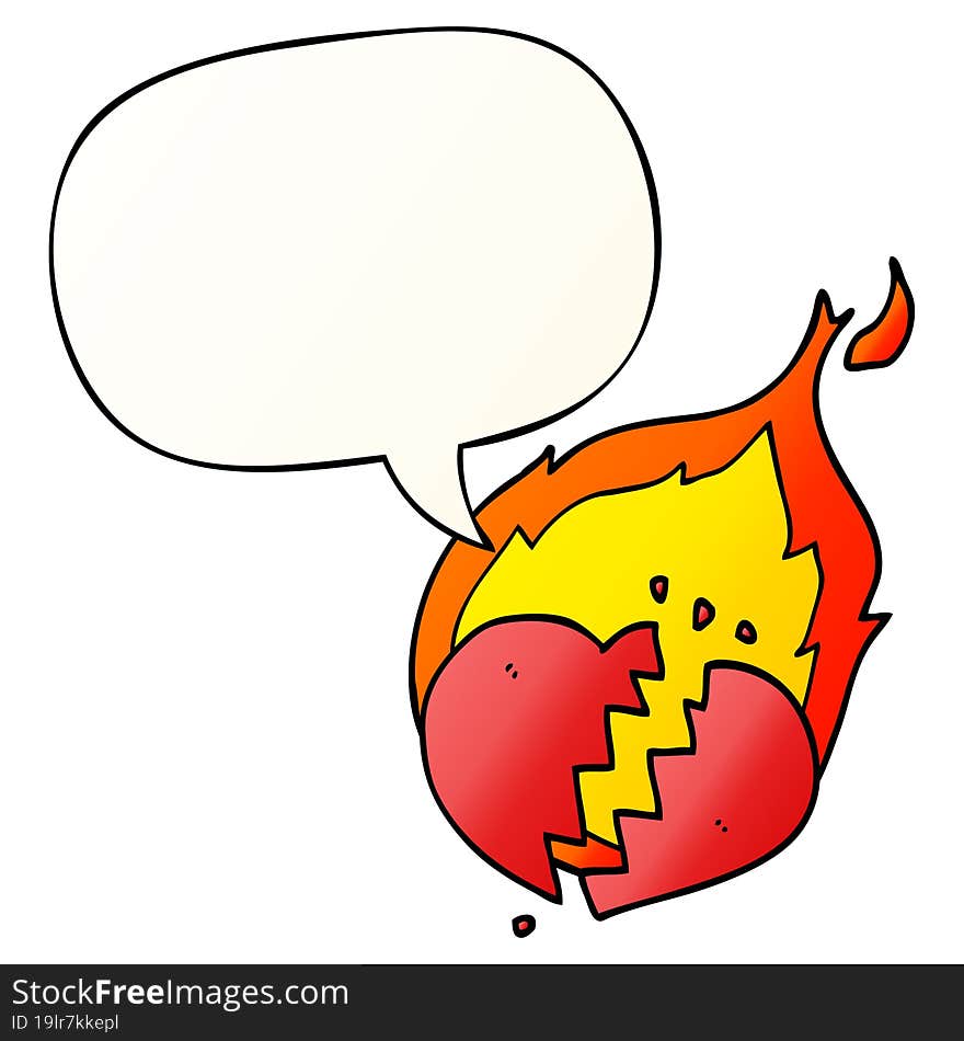 cartoon flaming heart and speech bubble in smooth gradient style