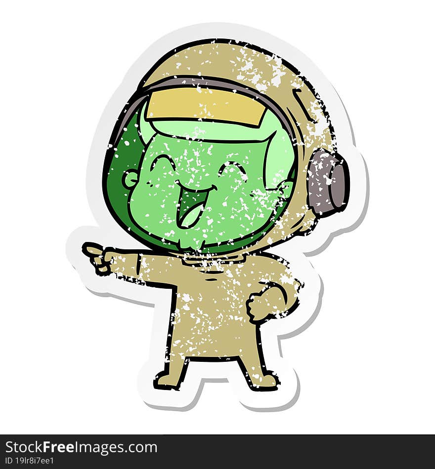 distressed sticker of a happy cartoon astronaut