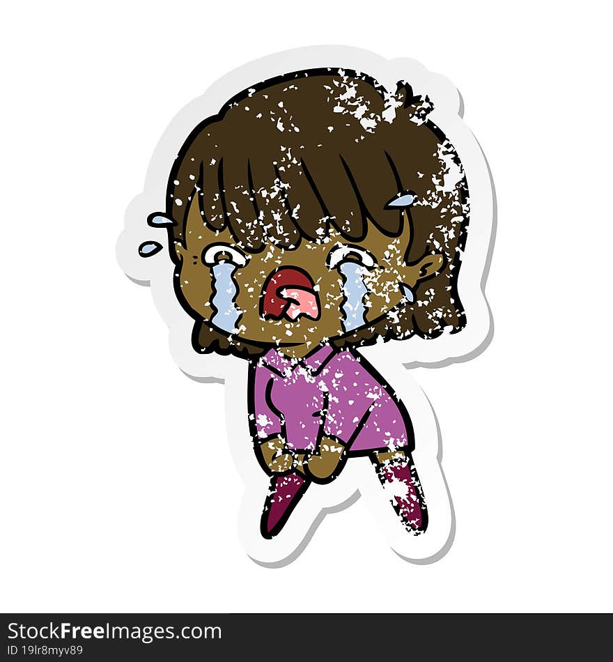 distressed sticker of a cartoon girl crying