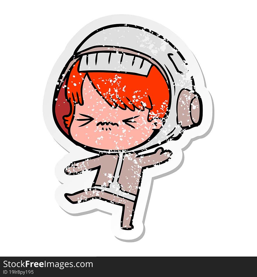 distressed sticker of a angry cartoon space girl