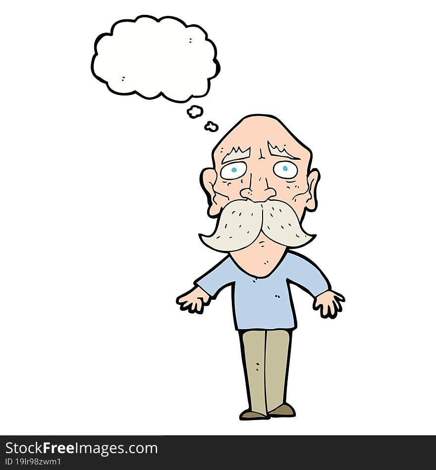 cartoon sad old man with thought bubble