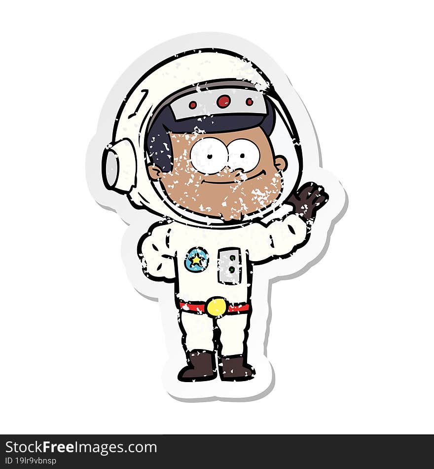 distressed sticker of a happy astronaut cartoon