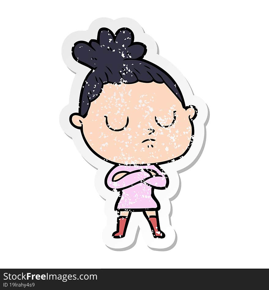 distressed sticker of a cartoon calm woman