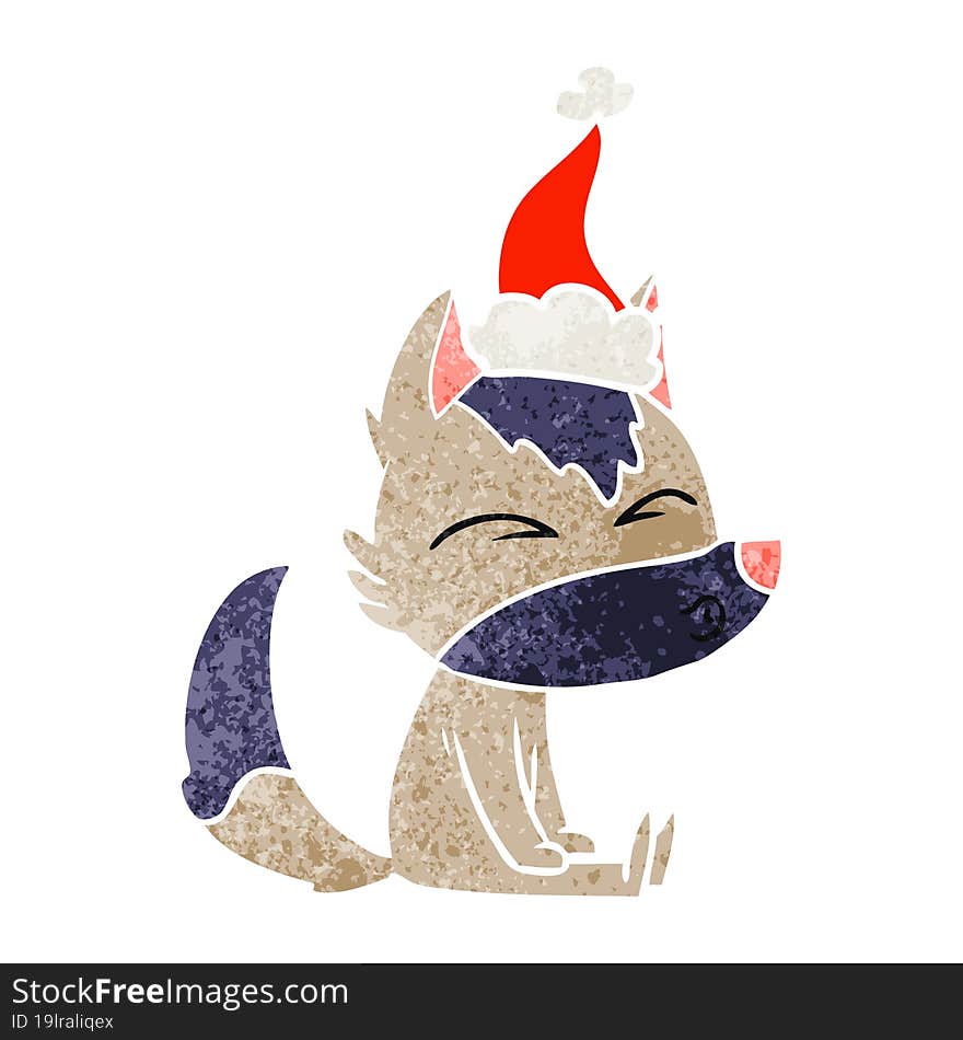 retro cartoon of a wolf whistling wearing santa hat