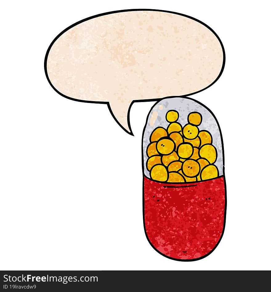 cartoon pill and speech bubble in retro texture style