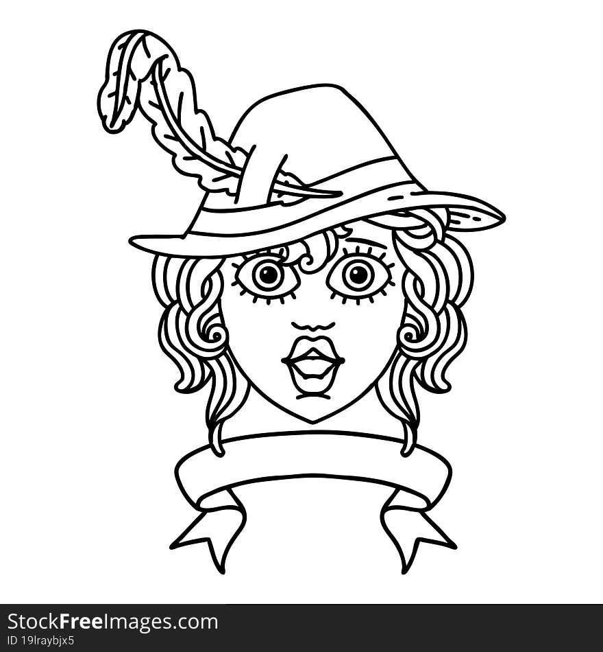 Black and White Tattoo linework Style human bard character with banner. Black and White Tattoo linework Style human bard character with banner