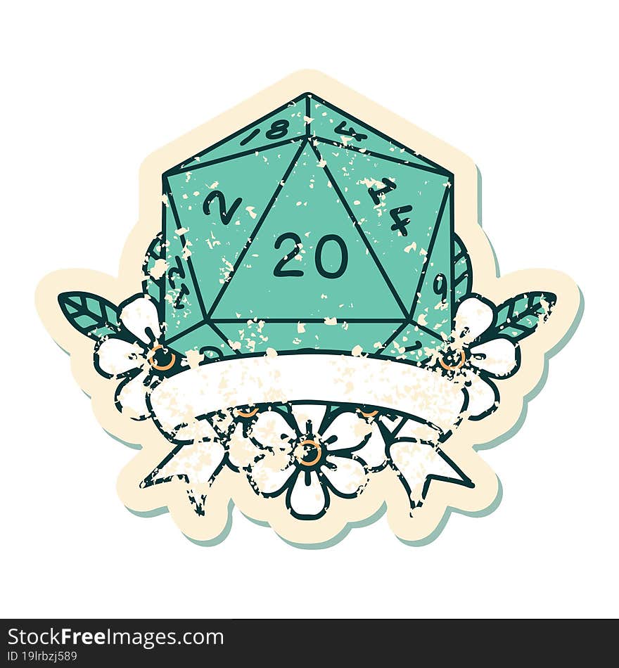 Retro Tattoo Style natural 20 critical hit D20 dice roll. Retro Tattoo Style natural 20 critical hit D20 dice roll