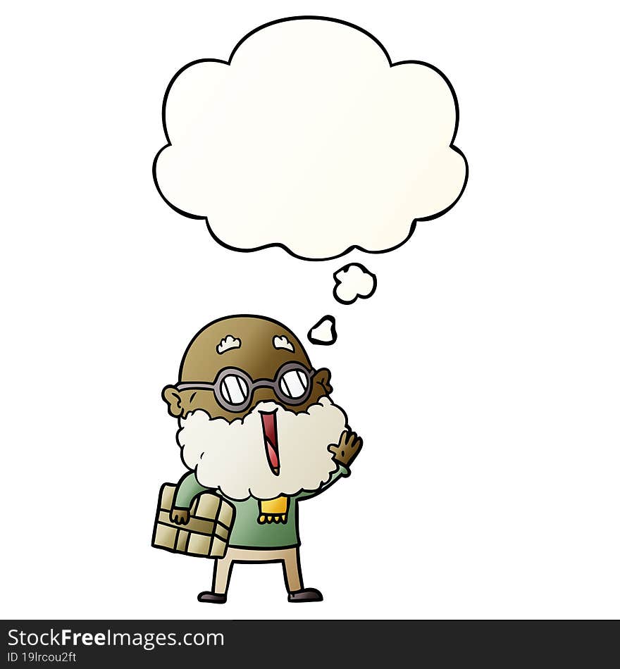 cartoon joyful man with beard and parcel under arm and thought bubble in smooth gradient style