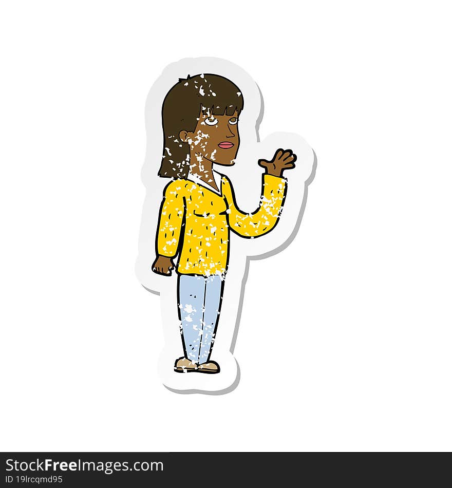 Retro Distressed Sticker Of A Cartoon Woman Explaining