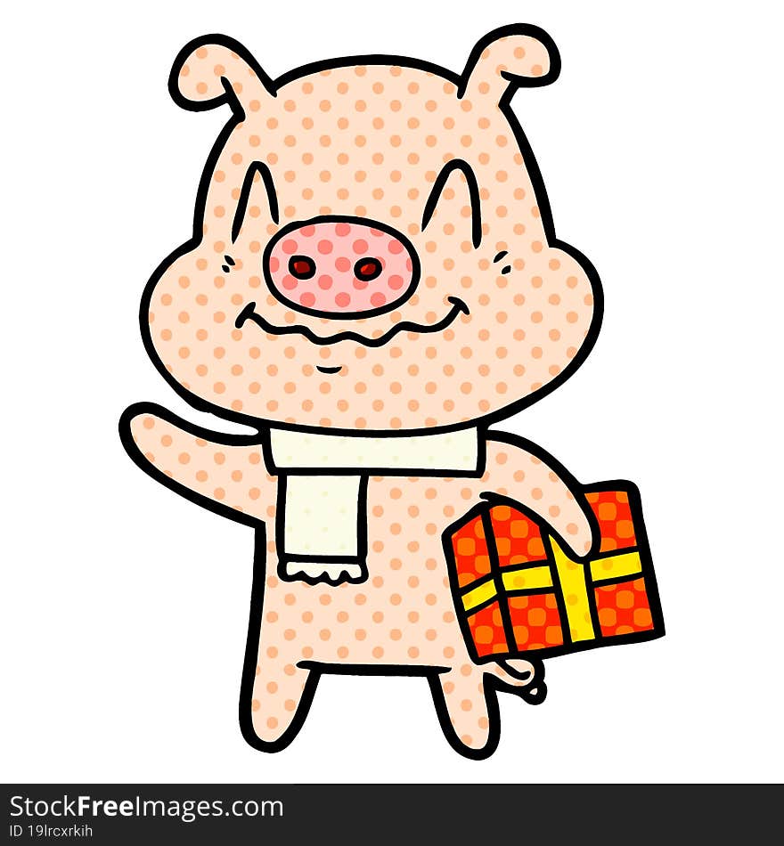 nervous cartoon pig with present. nervous cartoon pig with present