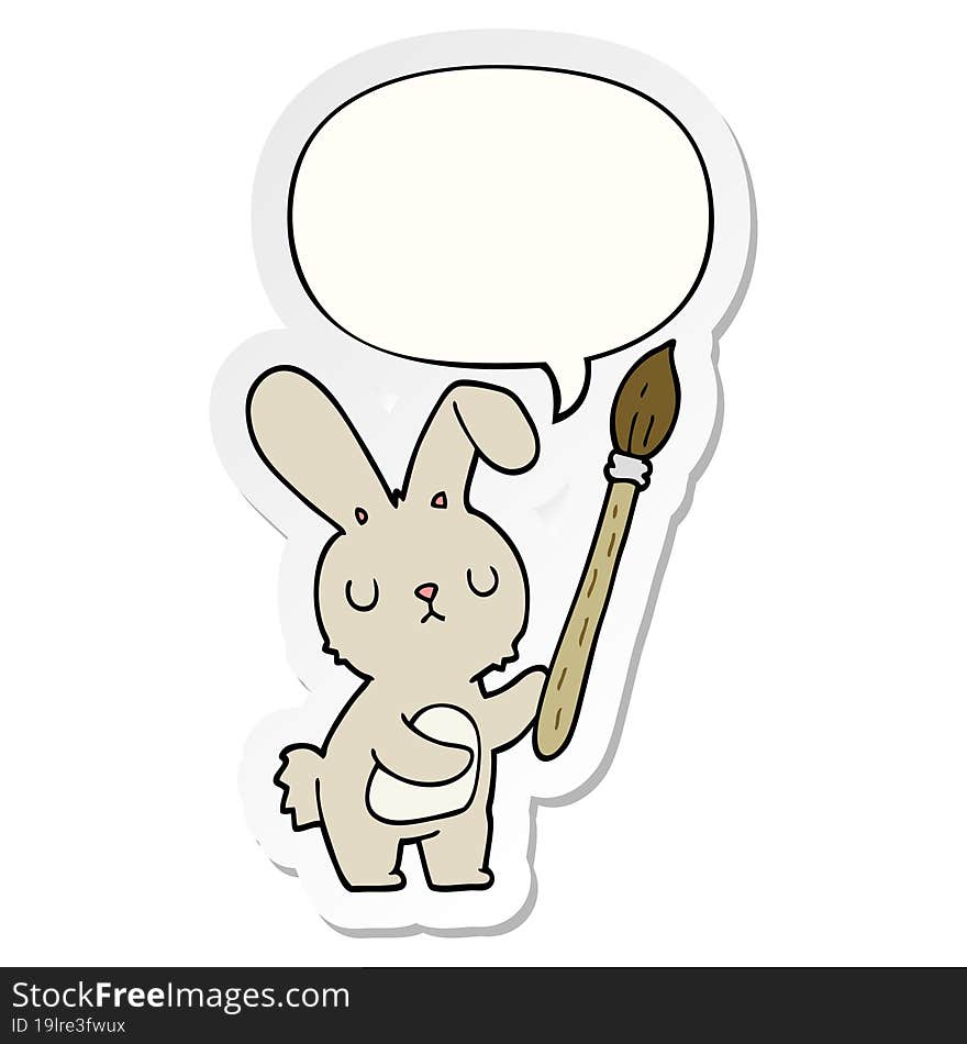 Cartoon Rabbit And Paint Brush And Speech Bubble Sticker