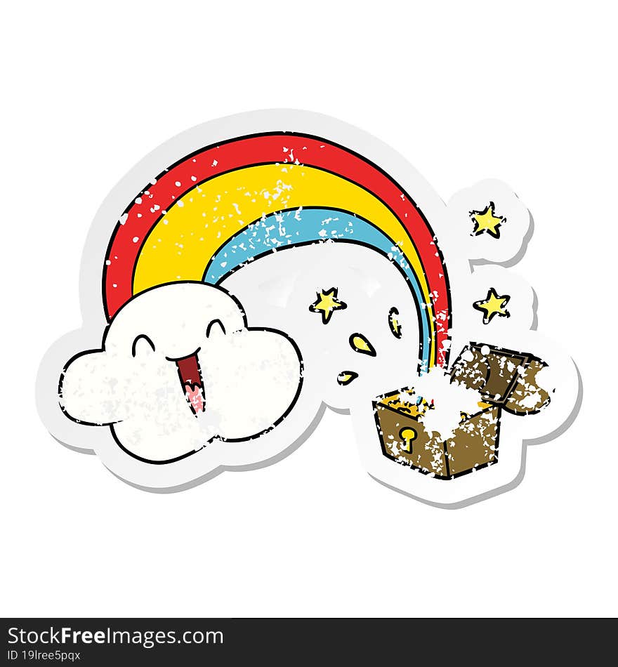 distressed sticker of a cartoon rainbow and pot of gold