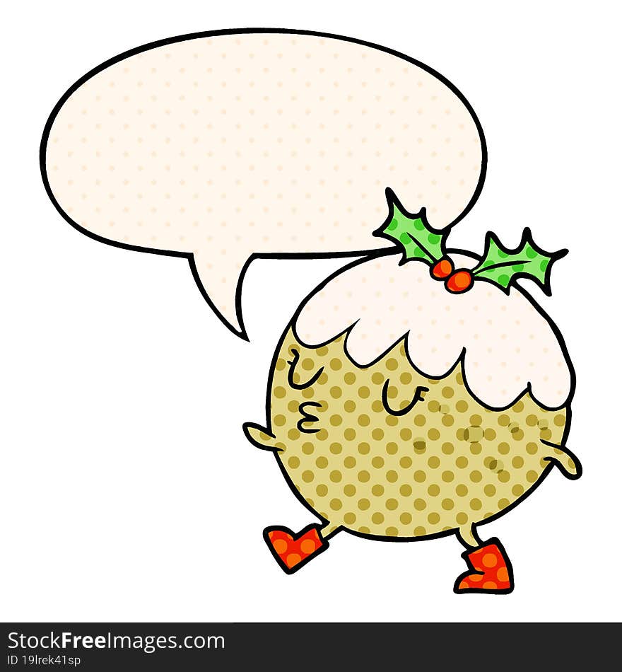 cartoon christmas pudding walking and speech bubble in comic book style