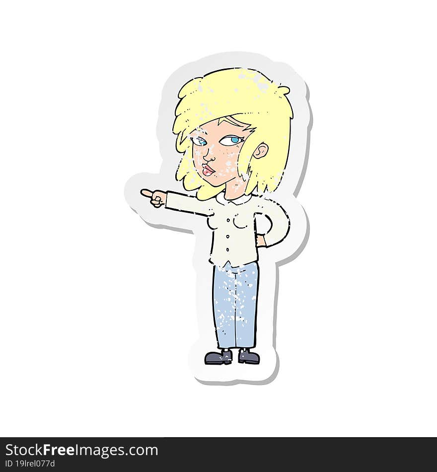 retro distressed sticker of a cartoon woman pointing