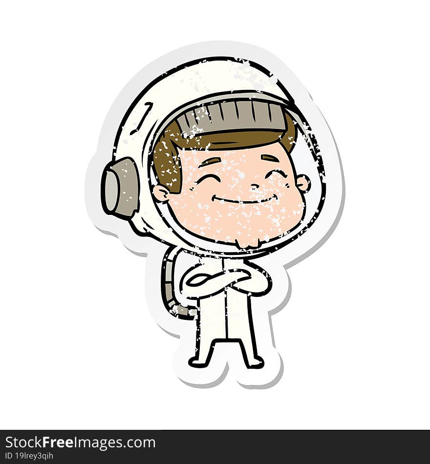 distressed sticker of a happy cartoon astronaut