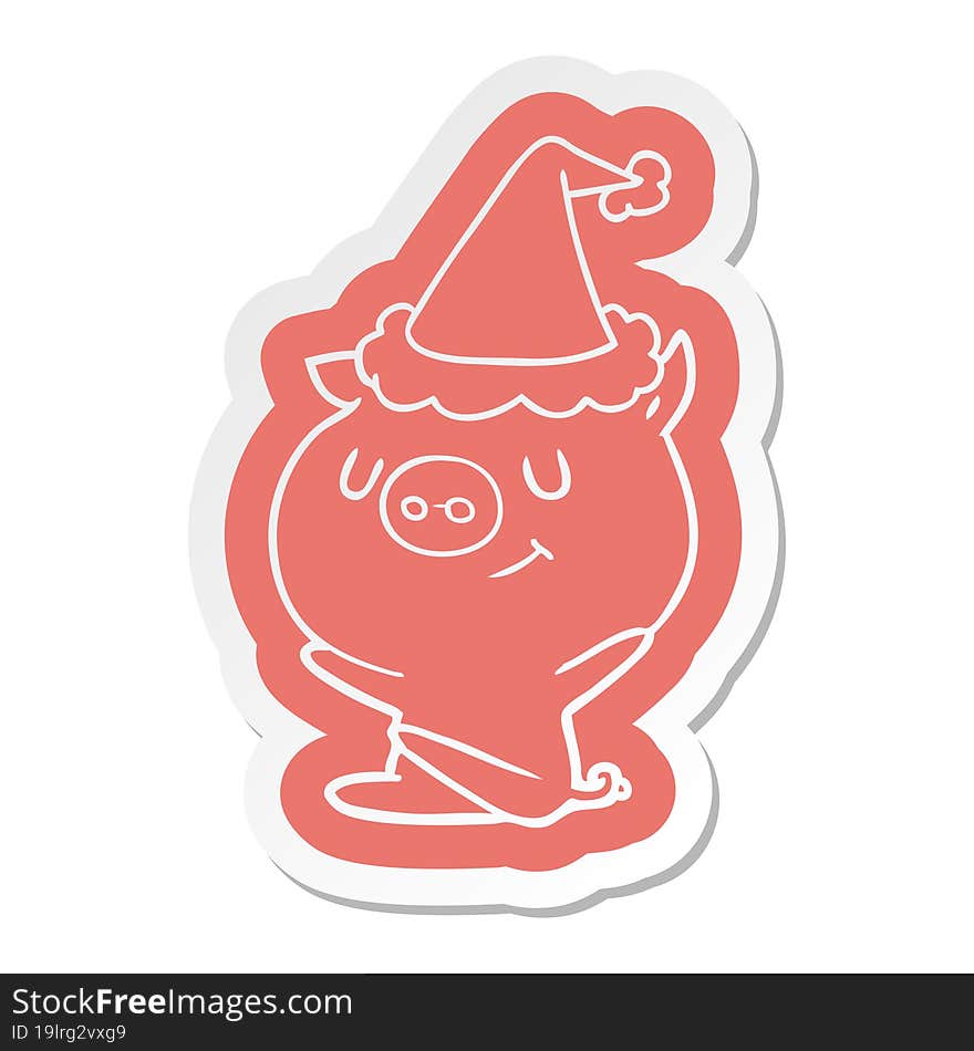 happy cartoon  sticker of a pig wearing santa hat