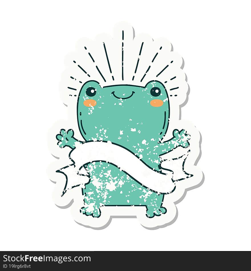 grunge sticker of tattoo style happy frog