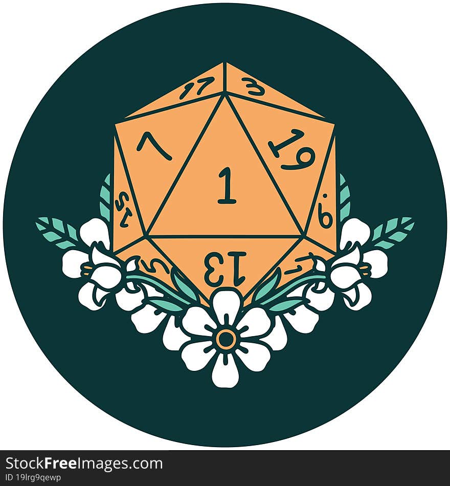 natural one dice roll with floral elements icon