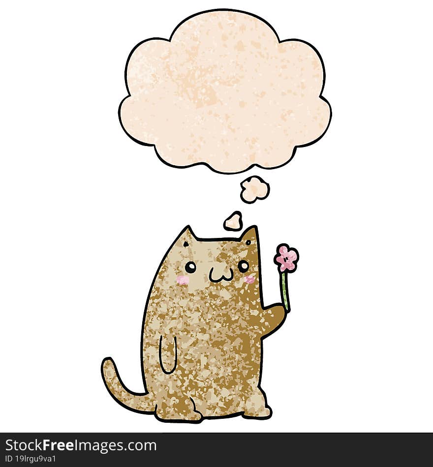 cute cartoon cat with flower with thought bubble in grunge texture style. cute cartoon cat with flower with thought bubble in grunge texture style