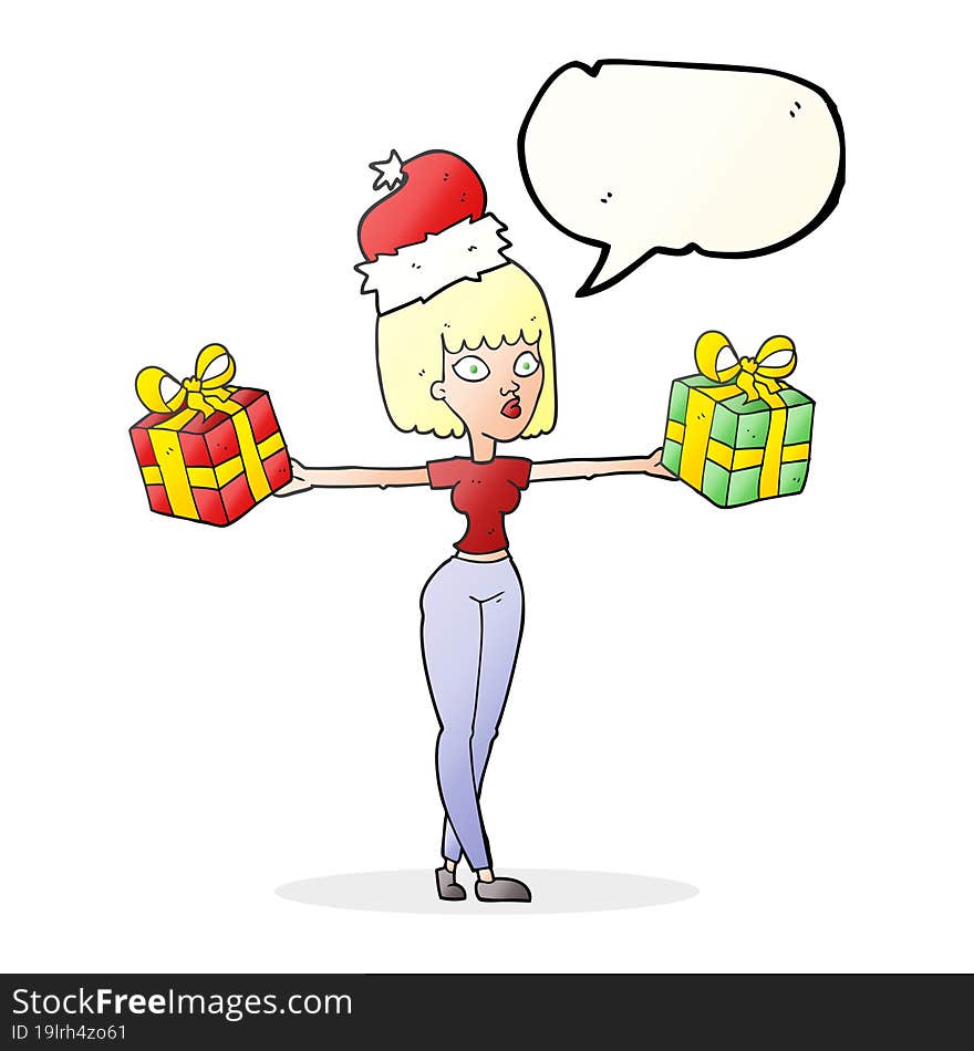 speech bubble cartoon woman with xmas presents