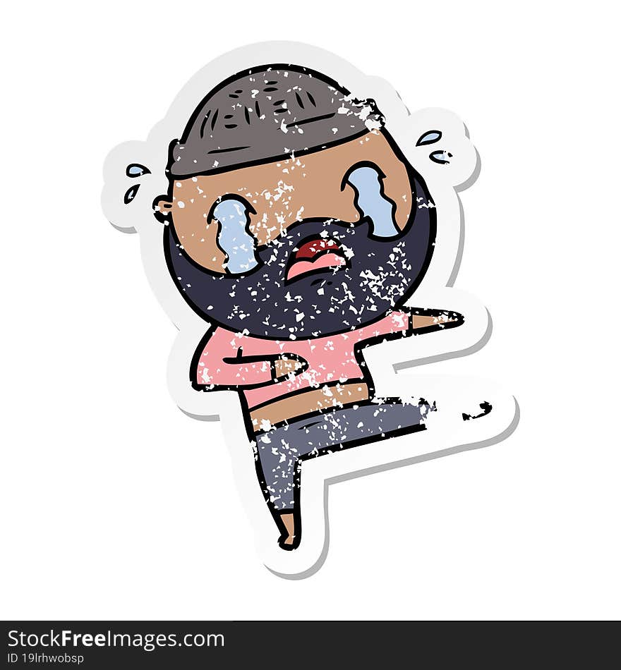 distressed sticker of a cartoon bearded dancer crying