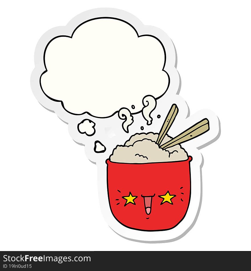 cartoon rice bowl with face with thought bubble as a printed sticker