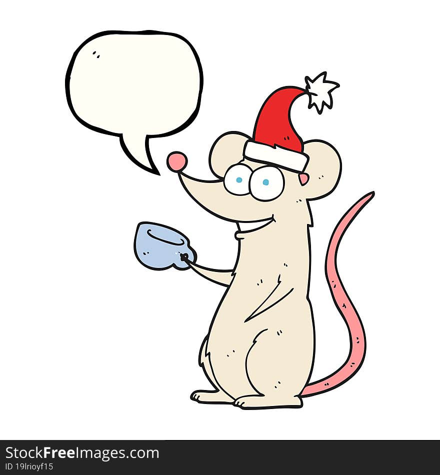 freehand drawn speech bubble cartoon mouse wearing christmas hat