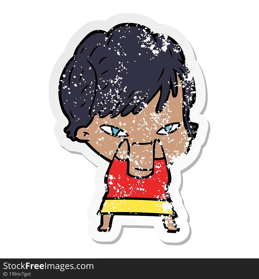 distressed sticker of a cartoon happy woman