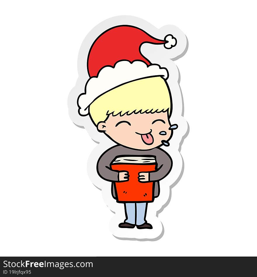 hand drawn sticker cartoon of a boy wearing santa hat