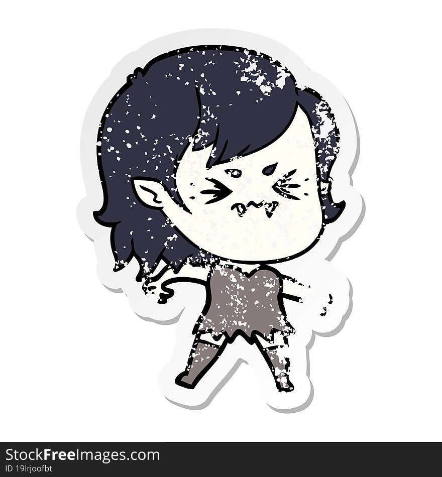 Distressed Sticker Of A Annoyed Cartoon Vampire Girl