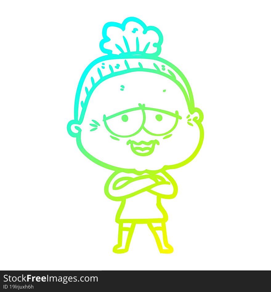 cold gradient line drawing of a cartoon happy old lady