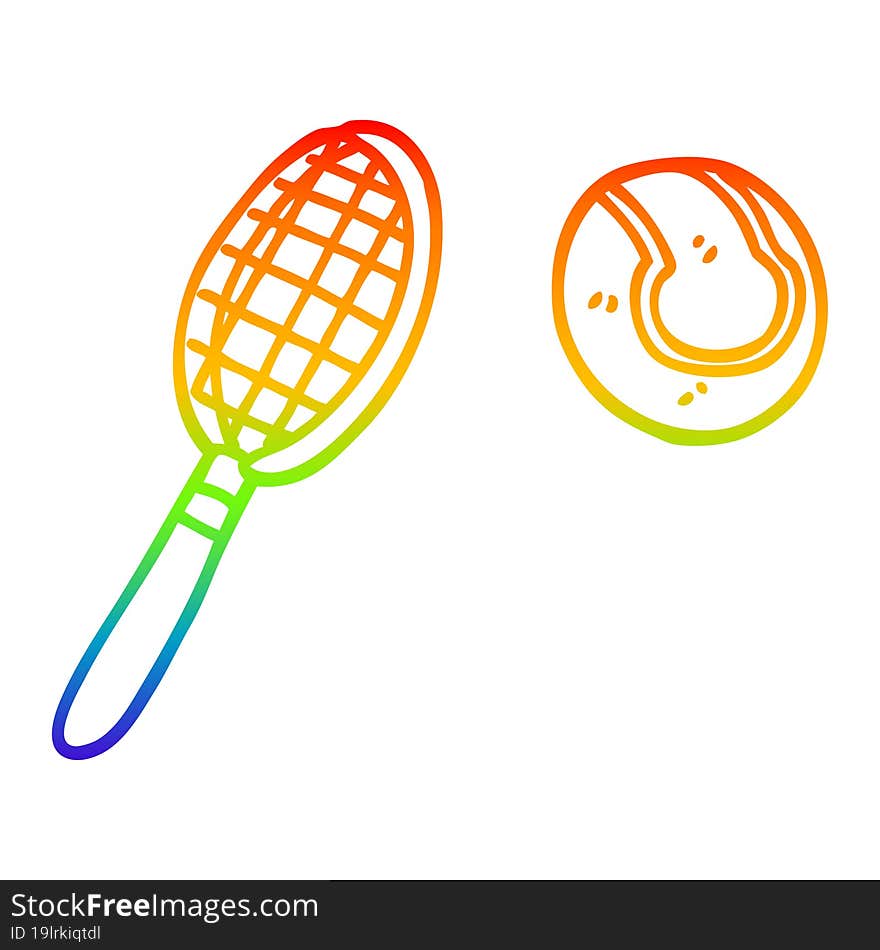 Rainbow Gradient Line Drawing Cartoon Tennis Racket And Ball