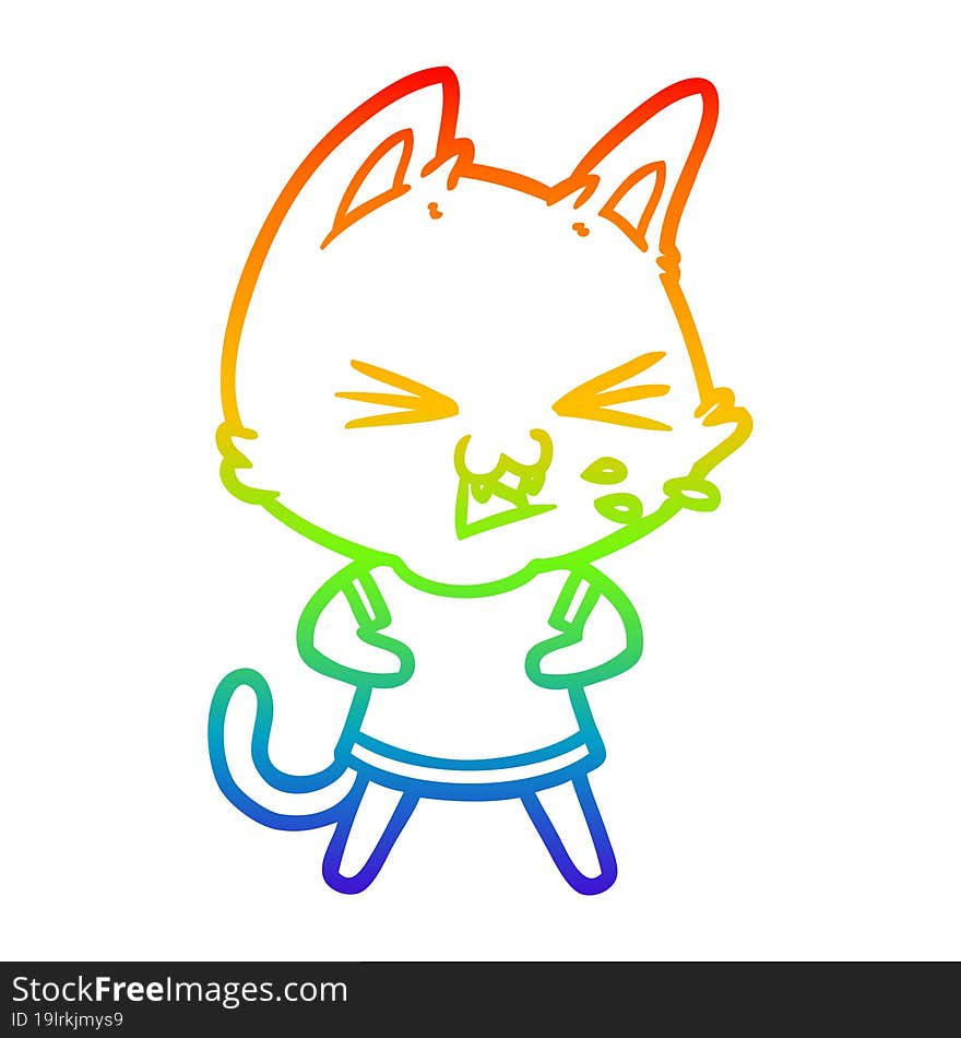 Rainbow Gradient Line Drawing Cartoon Cat Hissing