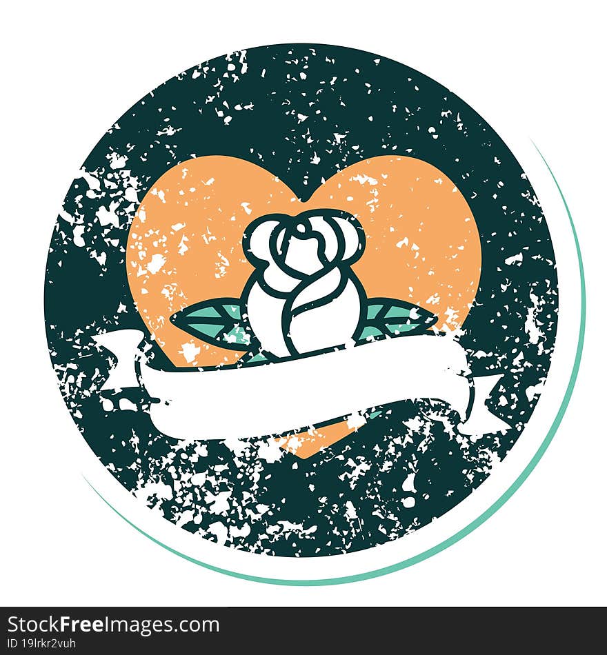 Distressed Sticker Tattoo Style Icon Of A Heart Rose And Banner