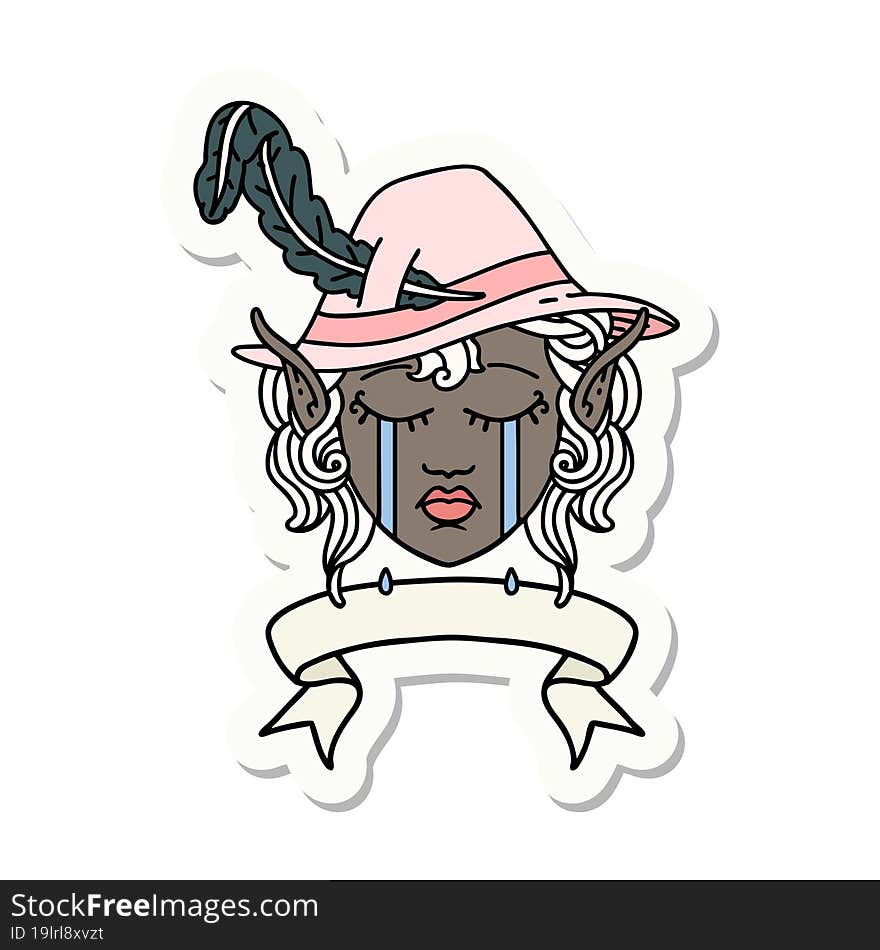 crying elf bard character face with banner sticker